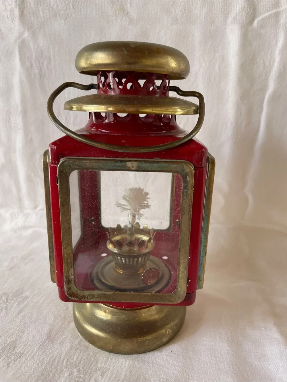 Vintage Red & Brass Decorative Railroad Lantern 1960s Classic Kerosene Oil Lamp